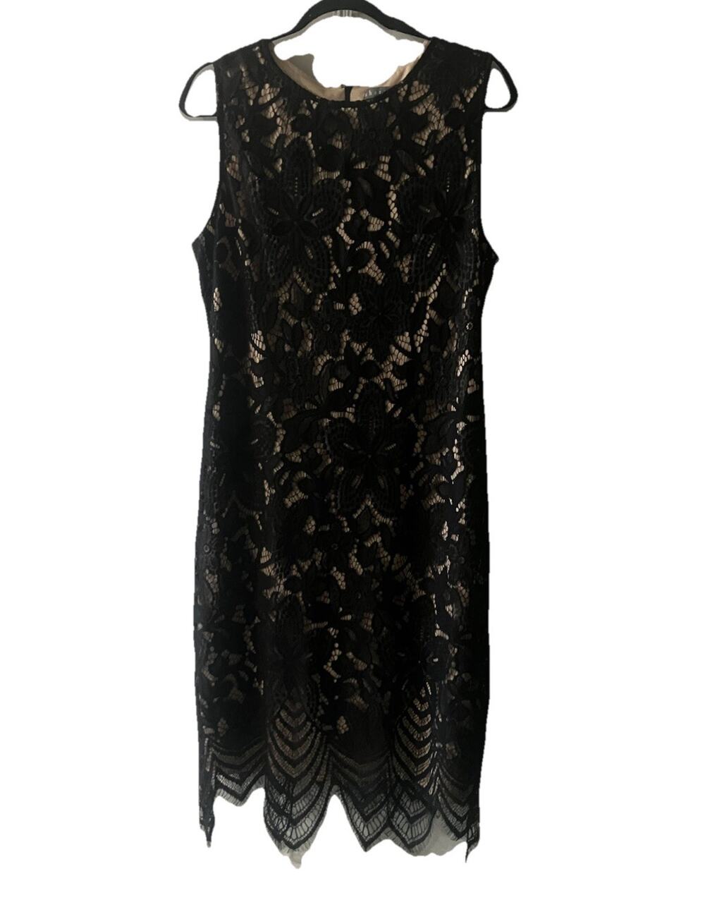 Sharagano Black Floral Lace Round Neck Sleeveless Sheath Lined Dress 14 NWT Midi